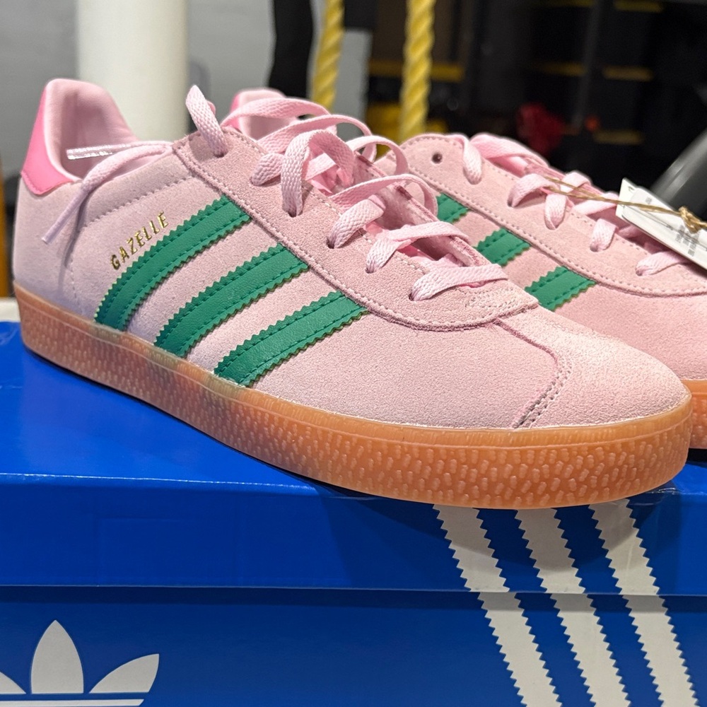 Adidas Gazelle Pink and Green Sneakers size 5J or 6.5W . Brand new